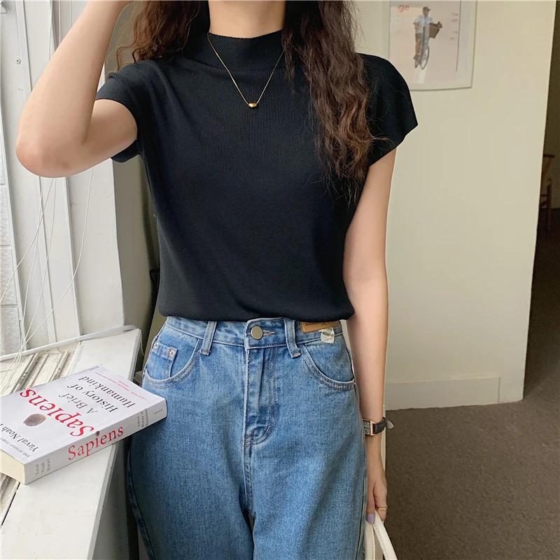 夏季上衣针织百搭显瘦打底修身圆领半袖黑色短款纯色宽松韩版