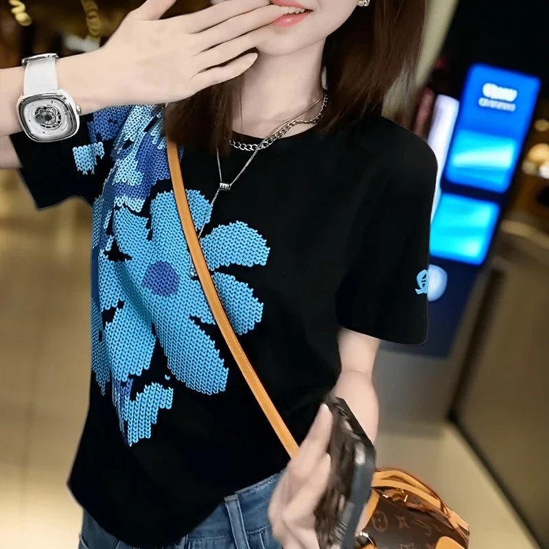 夏季洋气印花短袖宽松轻奢高端百搭显瘦时尚休闲女装T恤女半袖