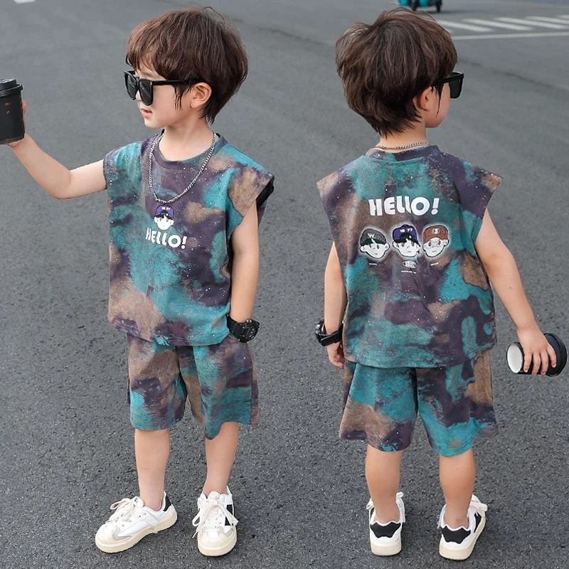 新款夏季衣服男孩宝宝潮款儿童男童套装夏装无袖冰丝薄款背心洋气