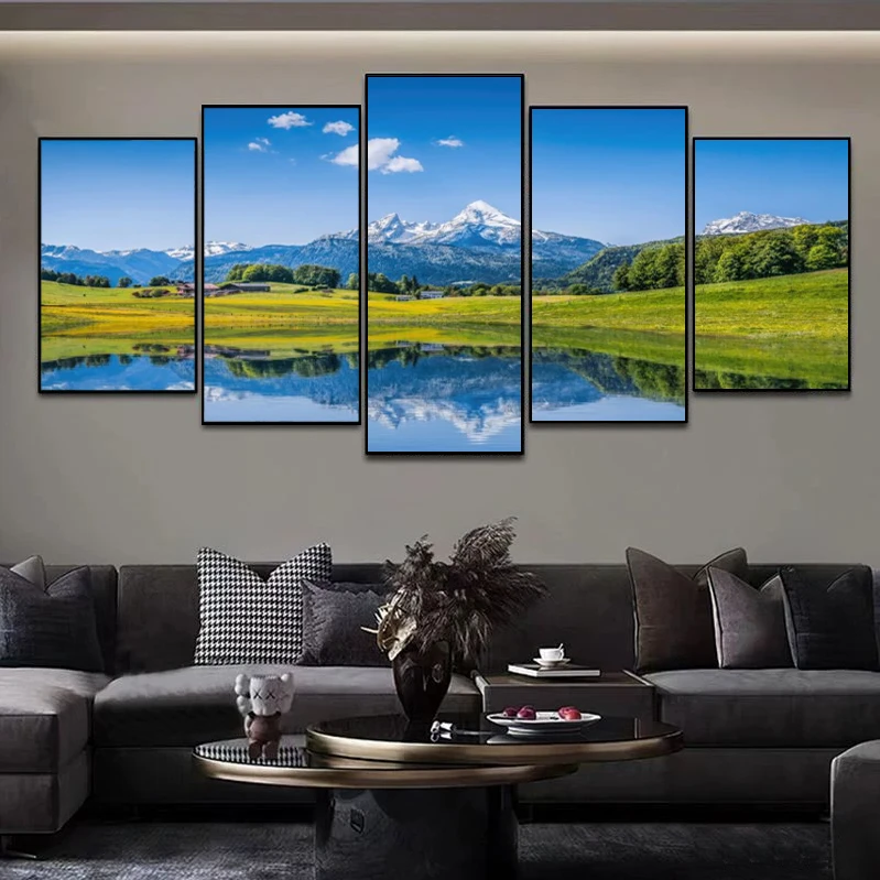客厅沙发背景墙挂画现代装饰画风景画五联画晶瓷新款壁画铝合金框