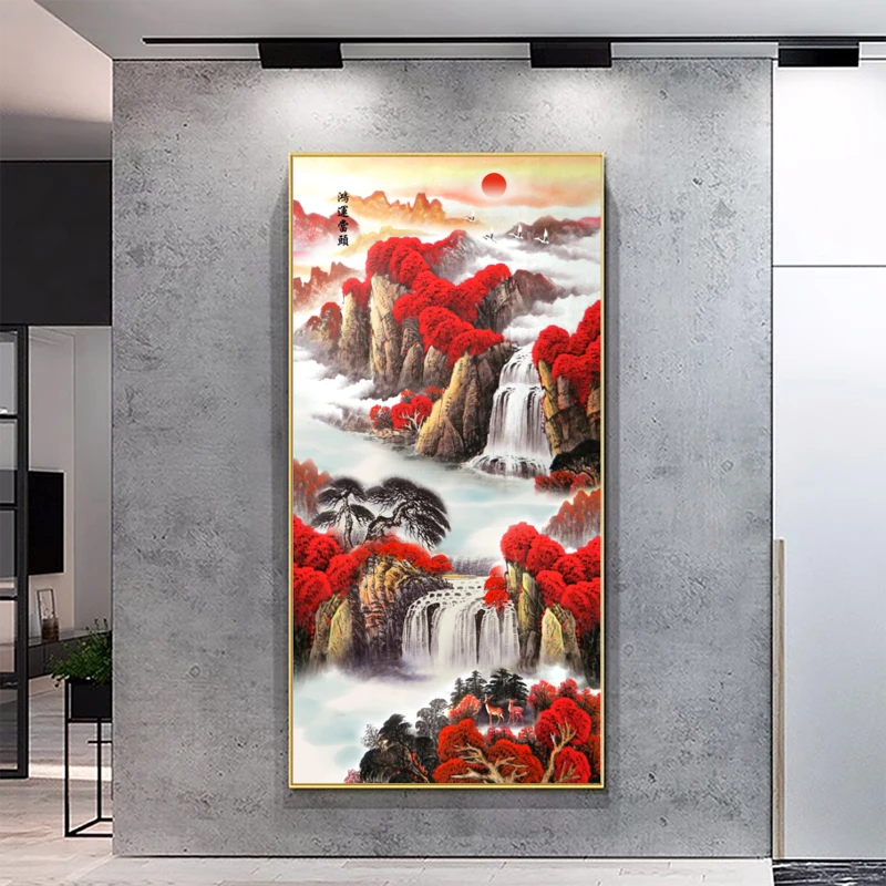 新中式鸿运当头玄关镶钻装饰画走廊过道尽头山水画竖版晶瓷挂画