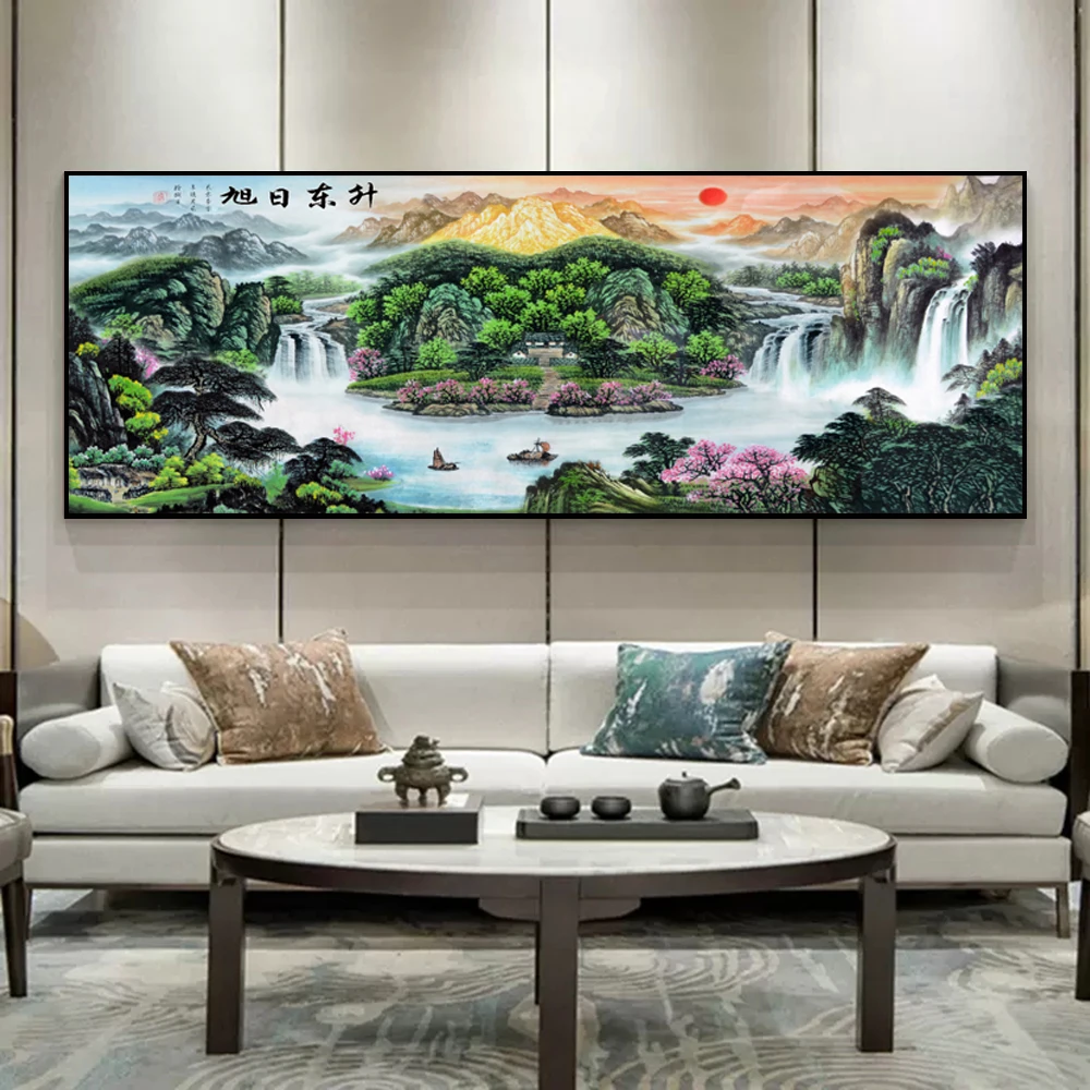灯光画客厅旭日东升聚宝盆新中式手工大气立体沙发挂画晶瓷装饰画