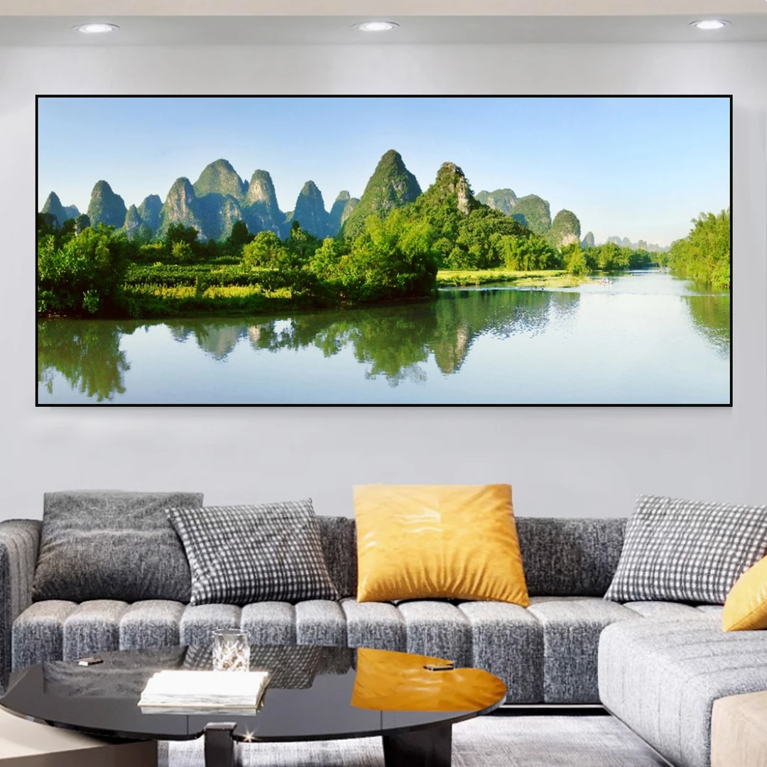 新款现代简约客厅横幅装饰画沙发背景墙山水风景画大气立体镶钻画