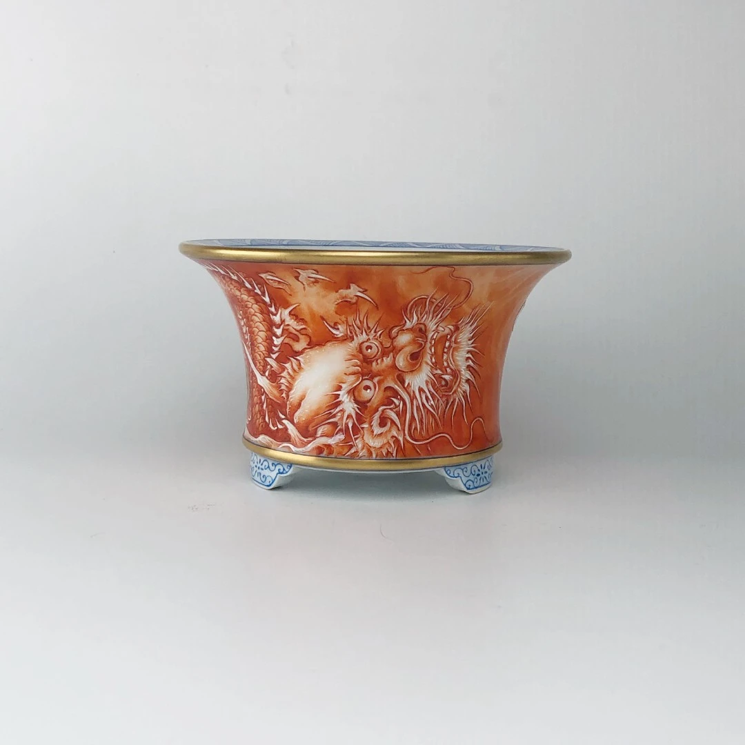 033 中号秋物山手工手绘矾红龙盆景盆 景德镇瓷盆中国风绿植陶瓷