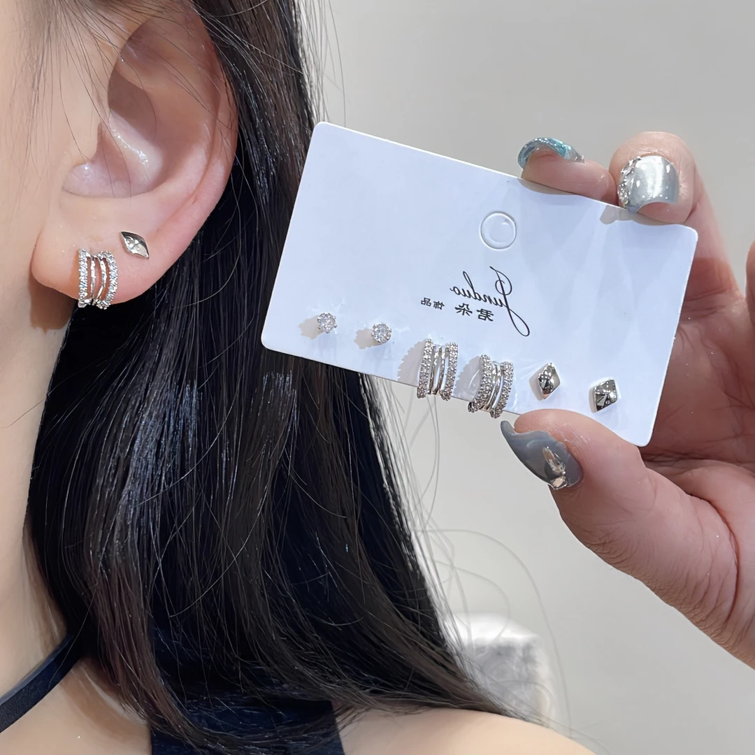 925银针耳饰 T1-00171六件套菱形耳钉小众设计
