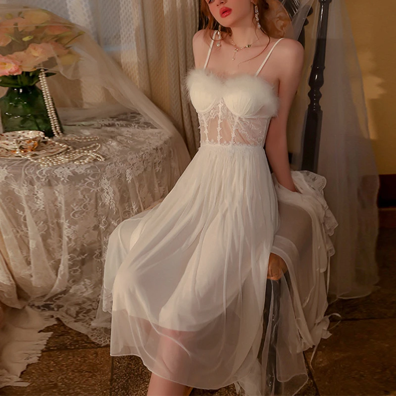 【似水柔情】带胸垫性感网纱蕾丝深V吊带睡裙外袍家居服套装轻奢