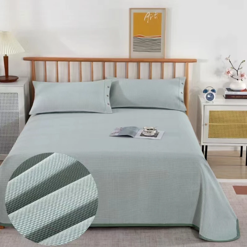 淄博夏季四季纯棉老粗布简约加厚色织床单三件套加密凉席透气