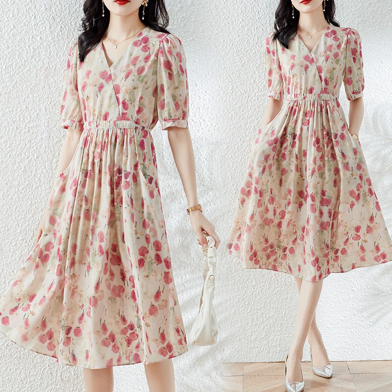 连衣裙女中长款气质显瘦2023新款时尚洋气收腰碎花裙子 959