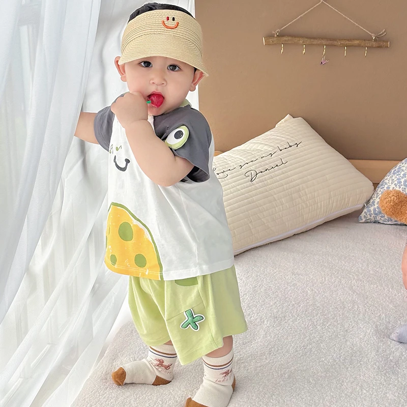 夏季2024新款薄款儿童休闲短袖短裤套装男童女童夏装印花两件套潮