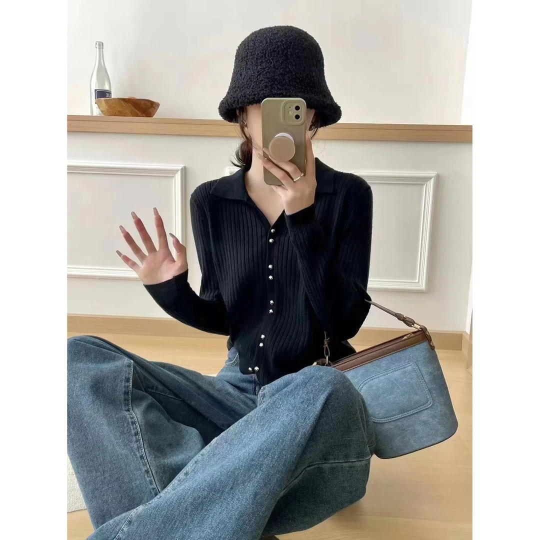 法式复古Polo领针织开衫显瘦气质秋季新款修身内搭打底上衣百搭