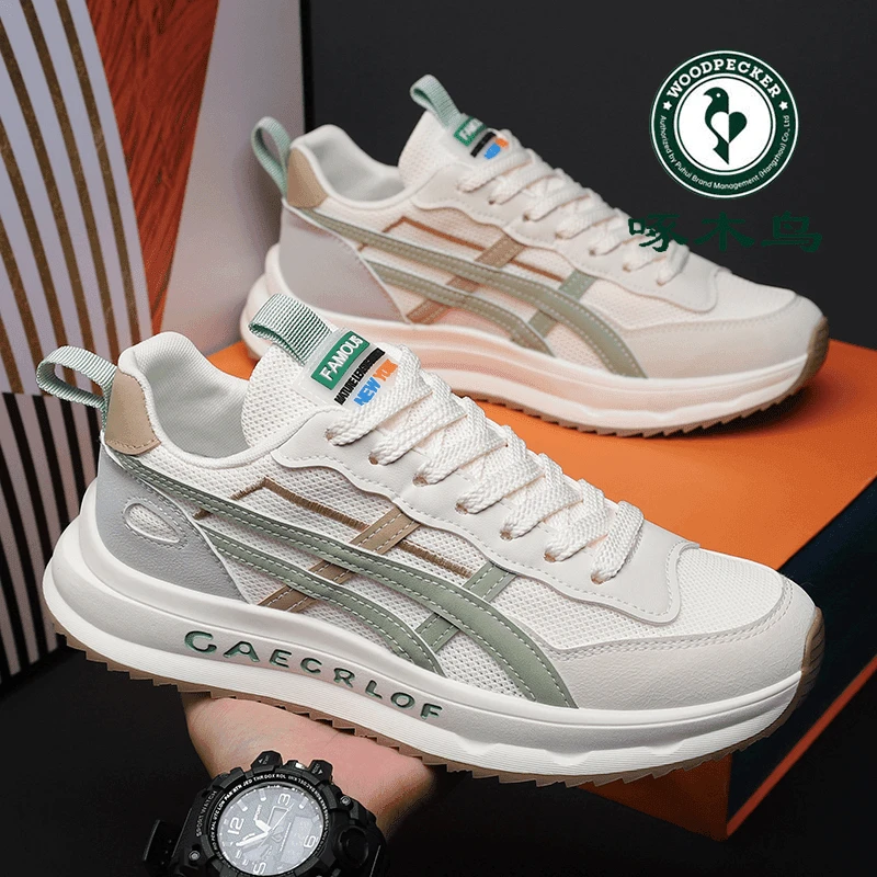 啄木鸟男士运动鞋网面透气休闲白色学生潮鞋轻便软底缓震跑步鞋男