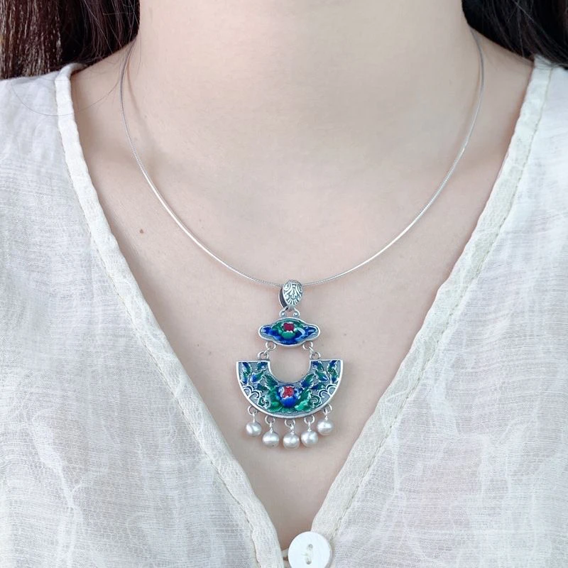 吊坠足银珐琅 足银手工名族风时尚牡丹如意国风吊坠项链