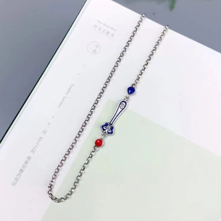 链子925银珐琅 纯银百搭如意链项链时尚烧蓝手工可调节个性民族风