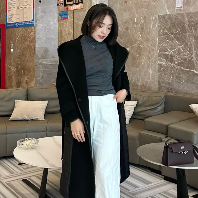 Eall.cz/意澳秋冬双面羊绒外套中长款黑色百搭连帽