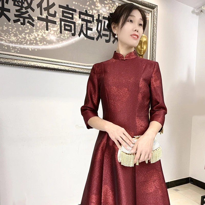 喜婆婆婚宴礼服连衣裙七分袖中长款酒红晚礼服宴会年会旗袍服婚庆
