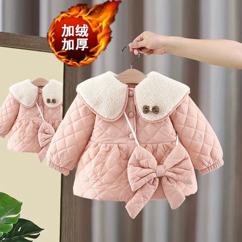 女宝宝棉服加绒冬装2025新款儿童加厚棉袄冬季女童外套送挎包棉衣