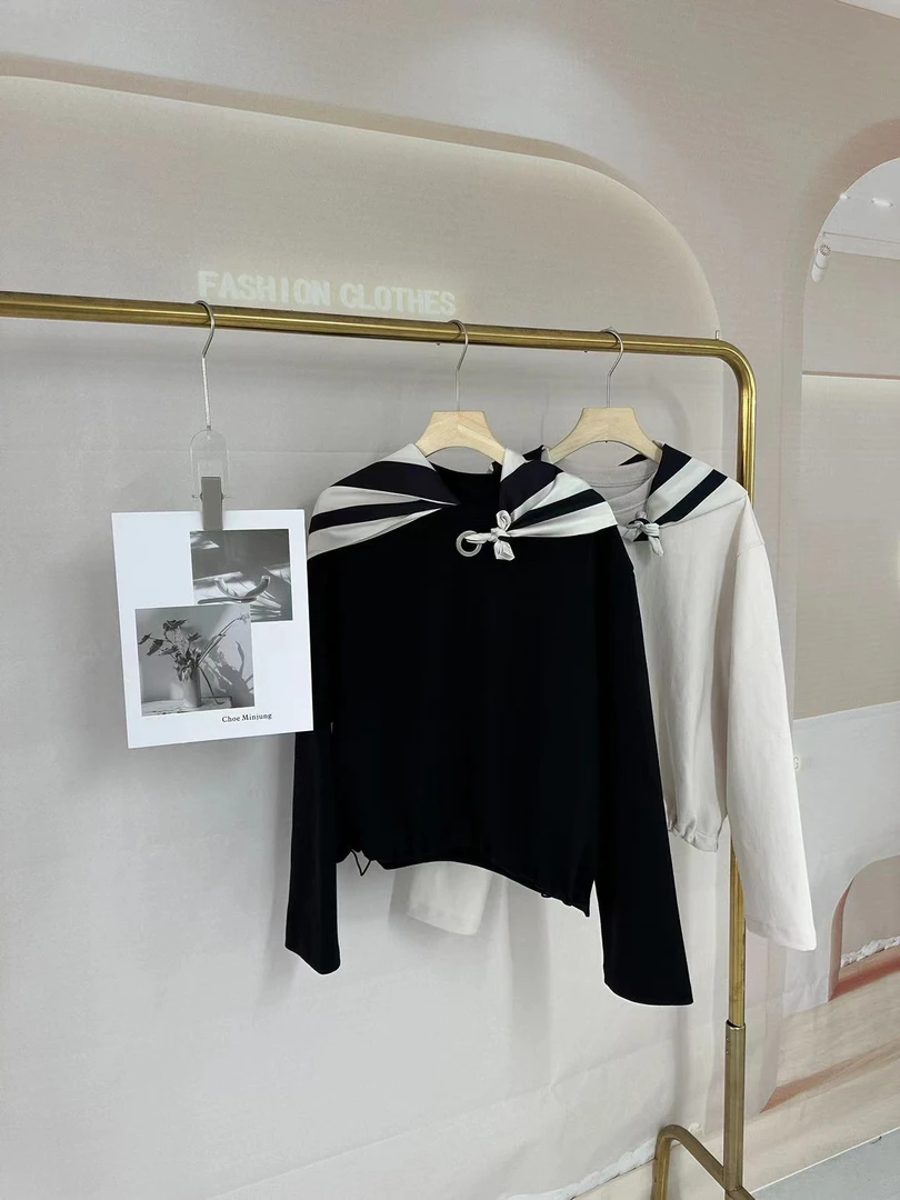 24早秋时尚带丝巾气质长袖百搭简约秋季潮流设计师休闲卫衣女