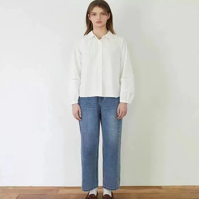 24早秋重工刺绣减龄白色时尚百搭简约宽松纯色长袖衬衫女士衬衣