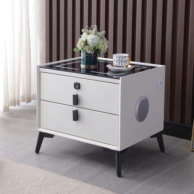智能床头柜多功能指纹锁无线充电蓝牙音响岩板柜皮质床边柜家用