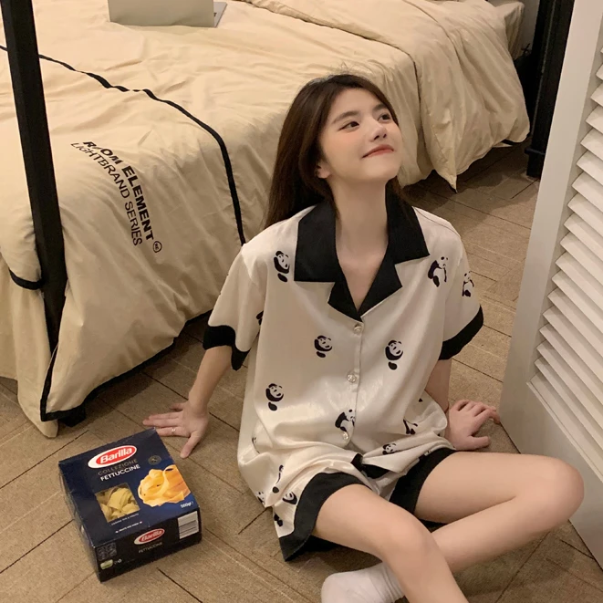 冰雪丝睡衣女夏天舒适短袖短裤薄款甜美可爱熊猫ins风家居服套装