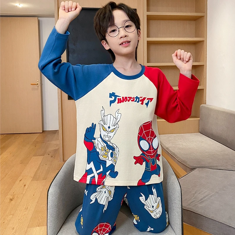 新款帅气奥特曼春秋季男童睡衣薄款纯棉卡通长袖中大童家居服套装