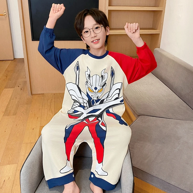 奥特曼儿童春秋连体睡衣秋款男孩宝宝薄款纯棉宽松卡通长袖家居服