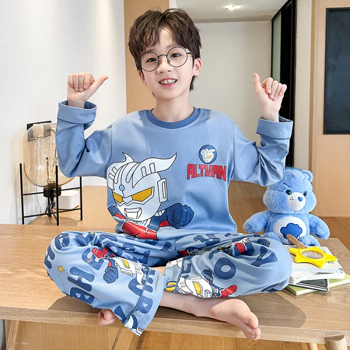 奥特曼春季儿童睡衣套装卡通薄款女宝宝宽松长袖透气中奥特曼睡衣