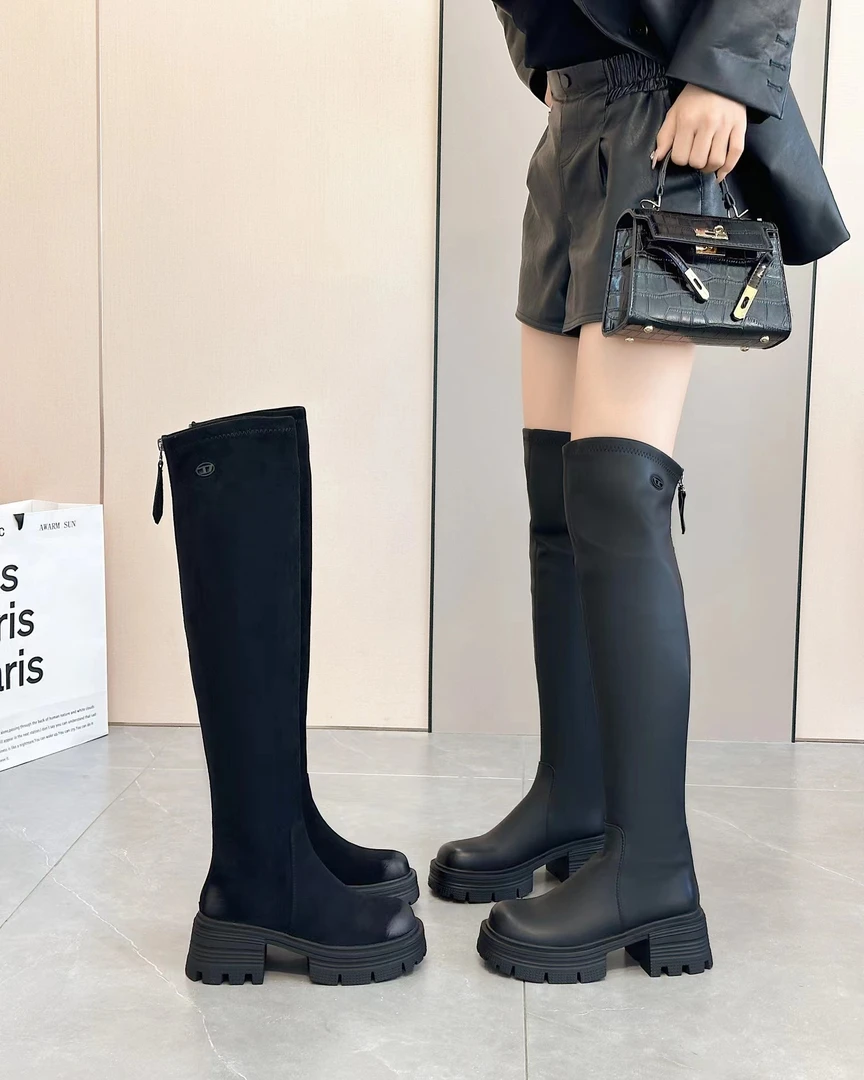 过膝靴重磅推荐巨显瘦~增高5cm厚底长筒靴女过膝靴皮面粗跟弹力靴