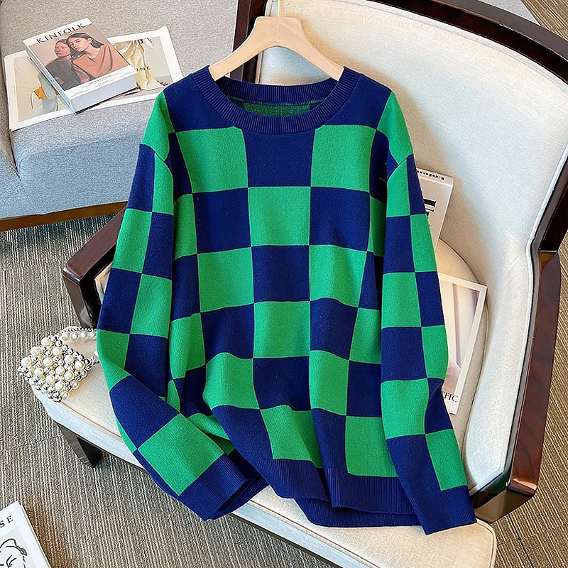 8816大码女装时尚格子上衣胖妹妹230斤秋冬新款慵懒风宽松针织衫
