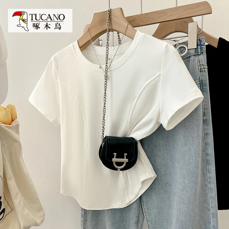 啄木鸟JS夏圆领正肩短袖t恤女装修身短款鱼骨小众纯色低领上衣潮