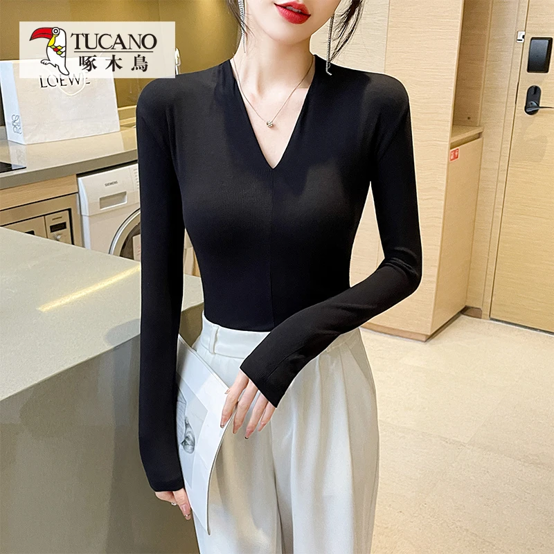 啄木鸟JS深V领打底春秋内搭外穿修身百搭风紧身气质显瘦纯色长袖T