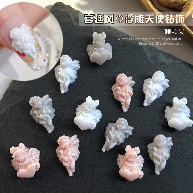 美甲网红复古白色天使巴洛克饰品成品2023新款立体卡通指甲装饰