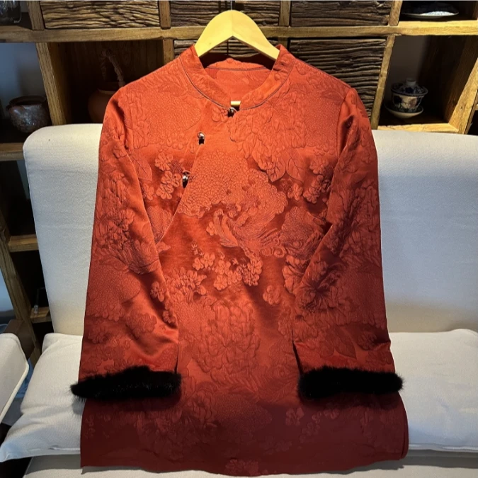 国庆 芳华设计新中式红色复古圆领气质提花拼接斜襟上衣