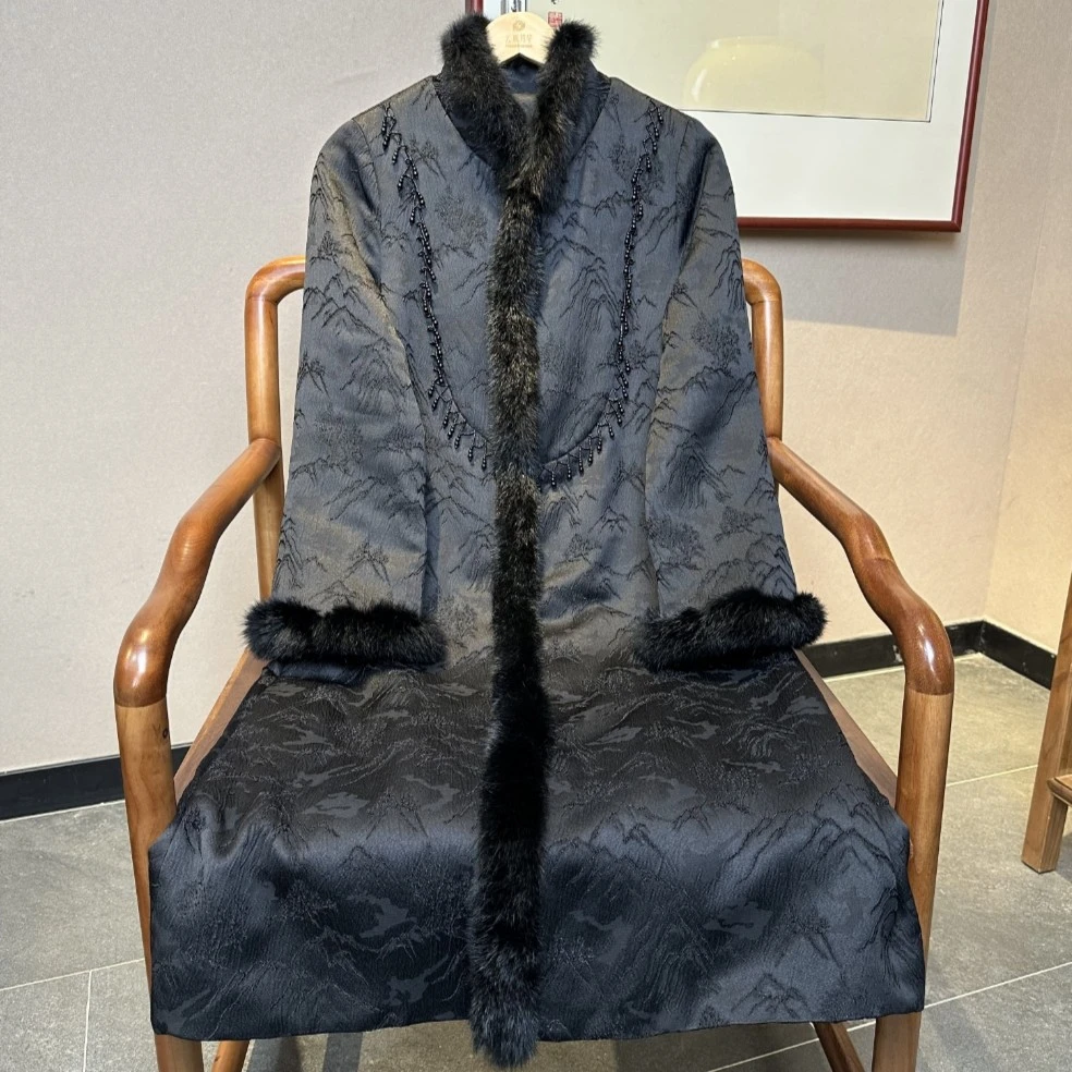 靠山 芳华设计新中式复古提花黑色长款棉服国风气质獭兔毛领棉服