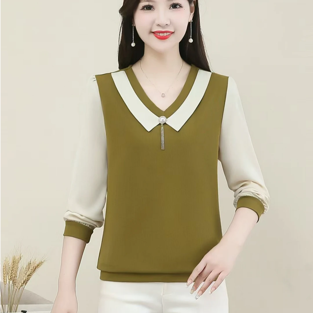 2024秋季新款撞色拼接长袖女衬衫百搭减龄宽松洋气时尚娃娃领上衣