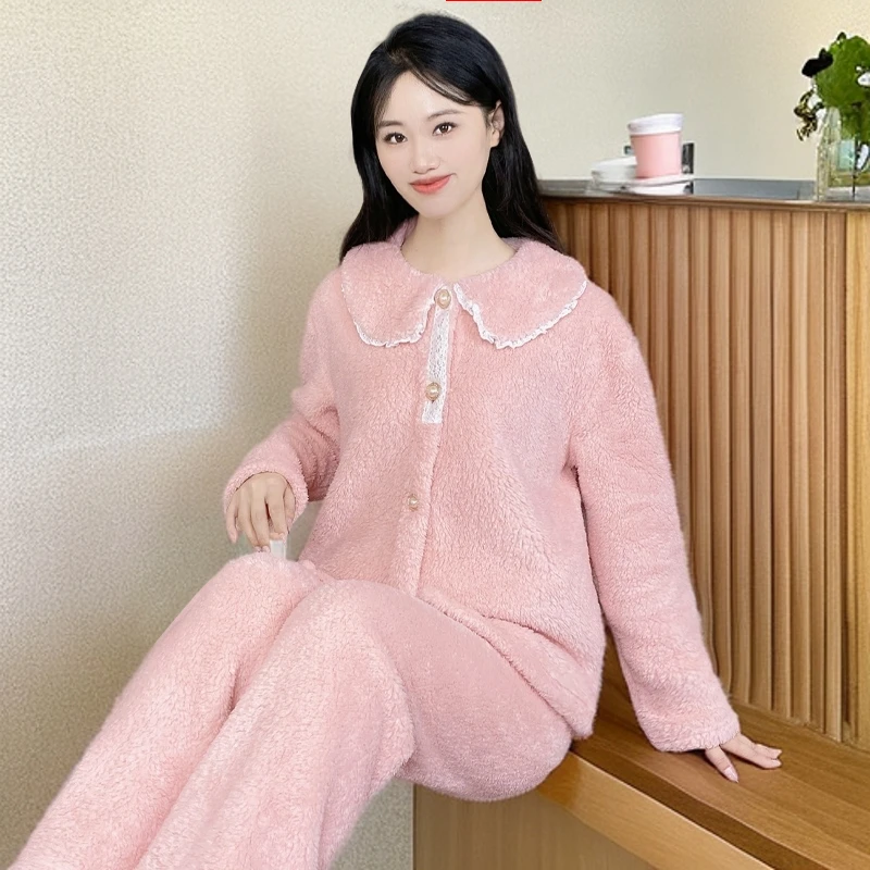 女士睡衣法兰绒2024新款加厚秋冬季网红风时尚家居服套装Y136