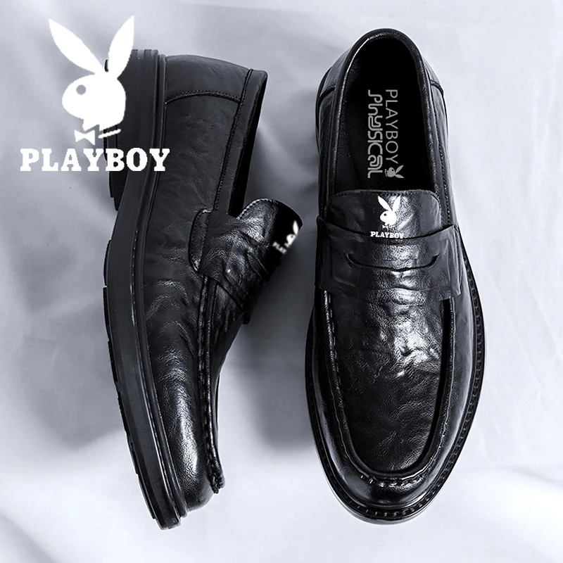 花花公子皮鞋男款高级感真皮黑色英伦休闲鞋结婚新郎一脚蹬德比鞋