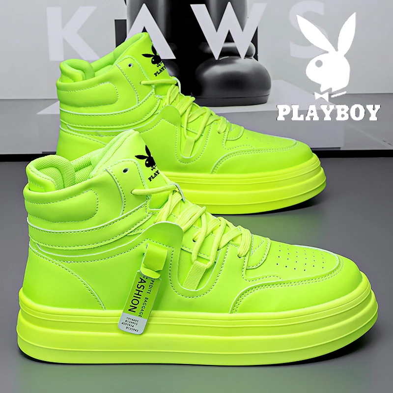 花花公子男鞋冬季新款爆款绿色高帮鞋男学生厚底休闲板鞋绿色鞋子