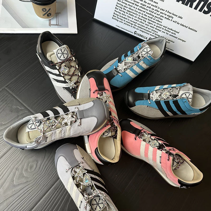 2024新款复古风圆头拼色系带德训鞋女百搭休闲拼接平底阿甘鞋板鞋