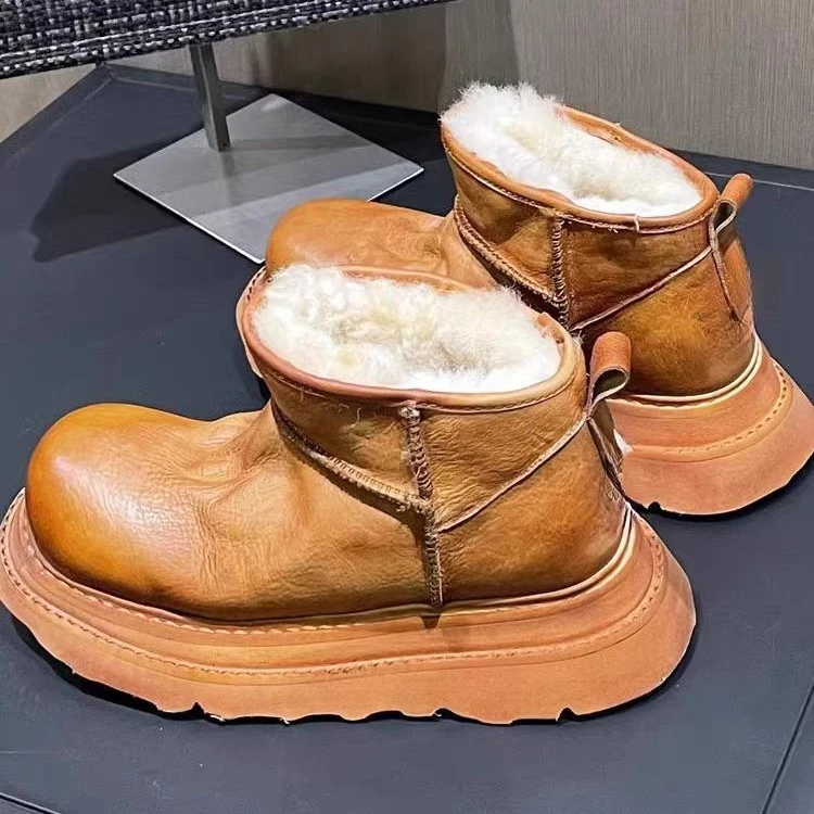 2024新款美拉德复古牛皮做旧厚底雪地靴冬季加厚短靴防滑保暖棉鞋