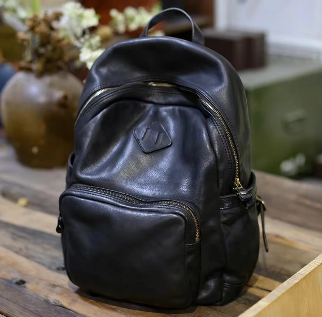 半山手工皮具复古真皮头层牛皮双肩包植鞣皮美式休闲双肩包