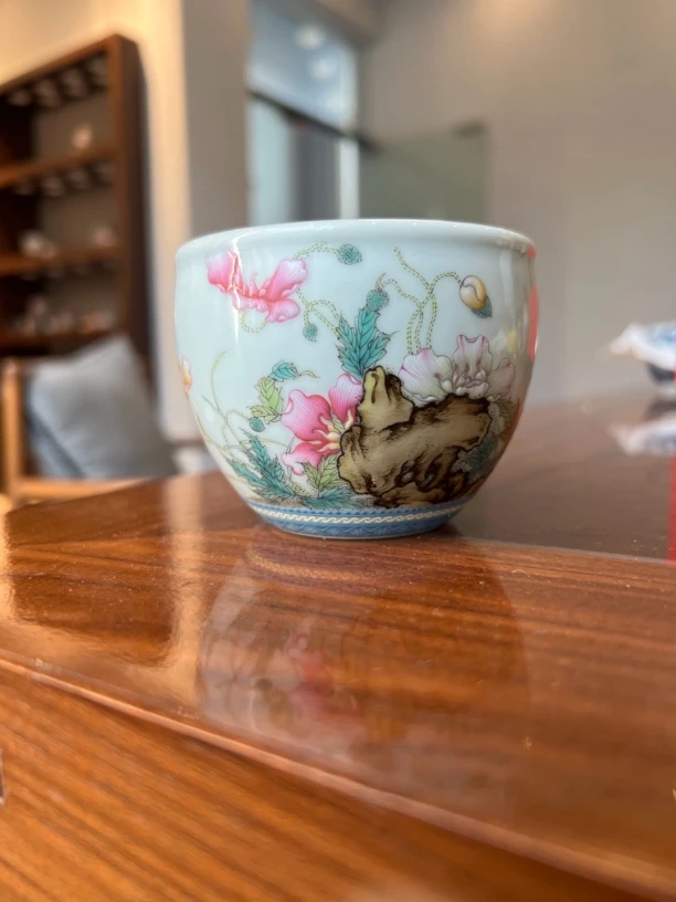 景德镇纯手绘翠边虞美人缸杯陶瓷纯手工主人杯蝶恋花珐琅彩描金