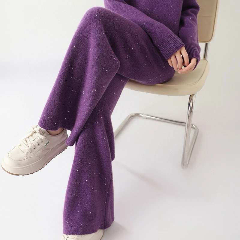 时尚珠片女士羊毛针织阔腿裤休闲长裤气质百搭裤子