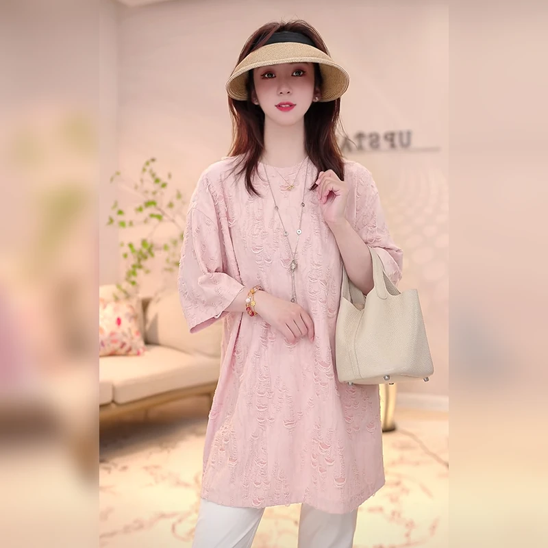 【Linda姐高端线】律动莫兰迪宽松破洞休闲短袖上衣T恤AA4STX339