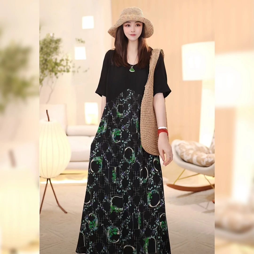 【Linda姐高端线】夏季高档气质优雅拼接短袖连衣裙AS4LYH0858