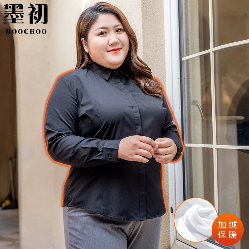 加绒黑衬衫女大码胖mm职业弹力长袖正装内搭200斤保暖加厚衬衣冬