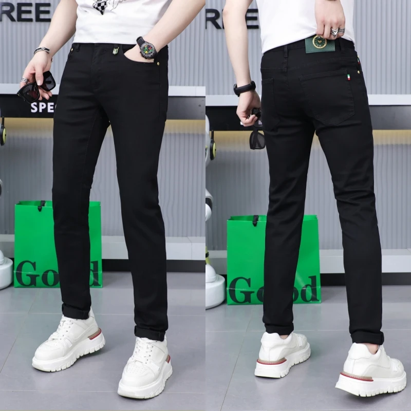 冰丝高档牛仔裤男款2024新款夏季薄款纯黑色潮牌弹力修身小脚裤子