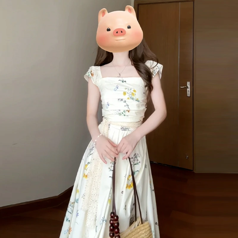 法式碎花小飞飞袖连衣裙2024新款夏季女高级感气质无袖长裙子3846