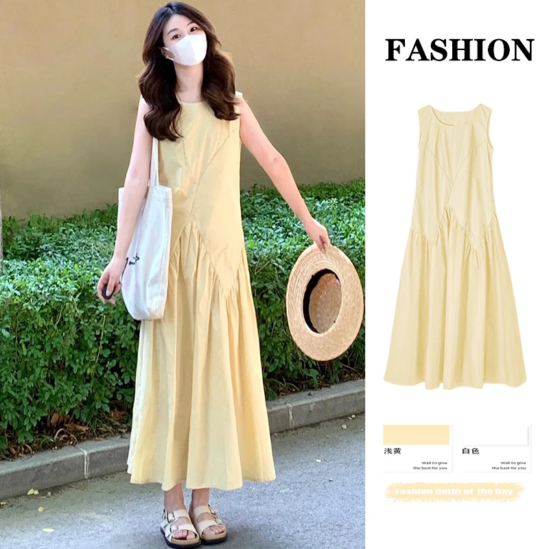 法式小个子无袖吊带连衣裙子女夏季2024新款收腰显瘦海边长裙2893