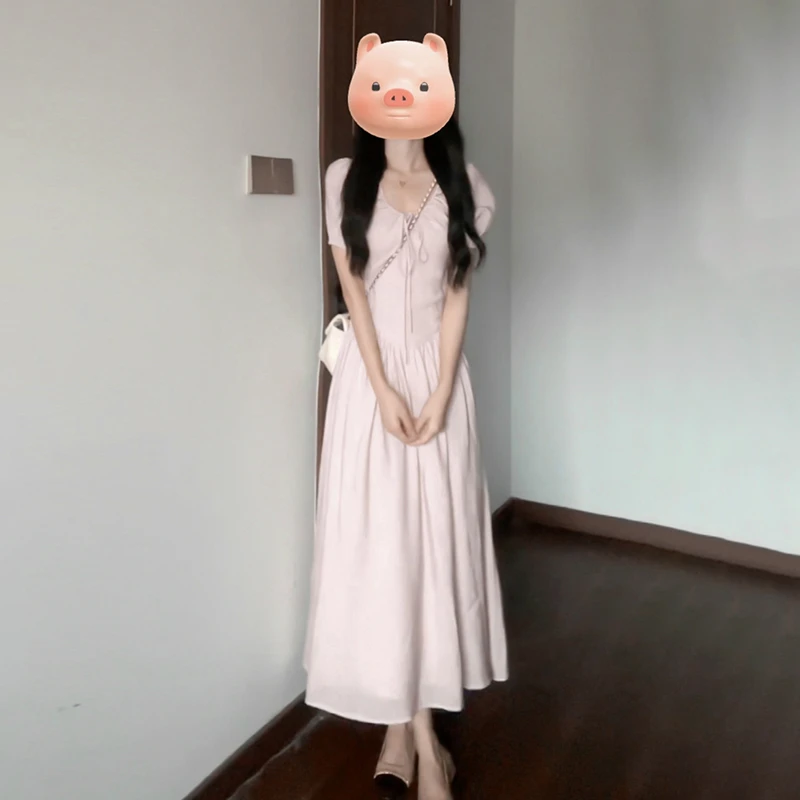 温柔风粉色连衣裙子女夏季2024新款梨形身材法式气质绝美长裙2945